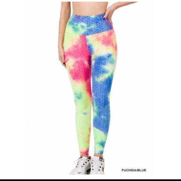 High-Waist Tie-Dye Honeycomb Textured Leggings Fuchsia/Blue Womens Activewear - Picture 5 of 5